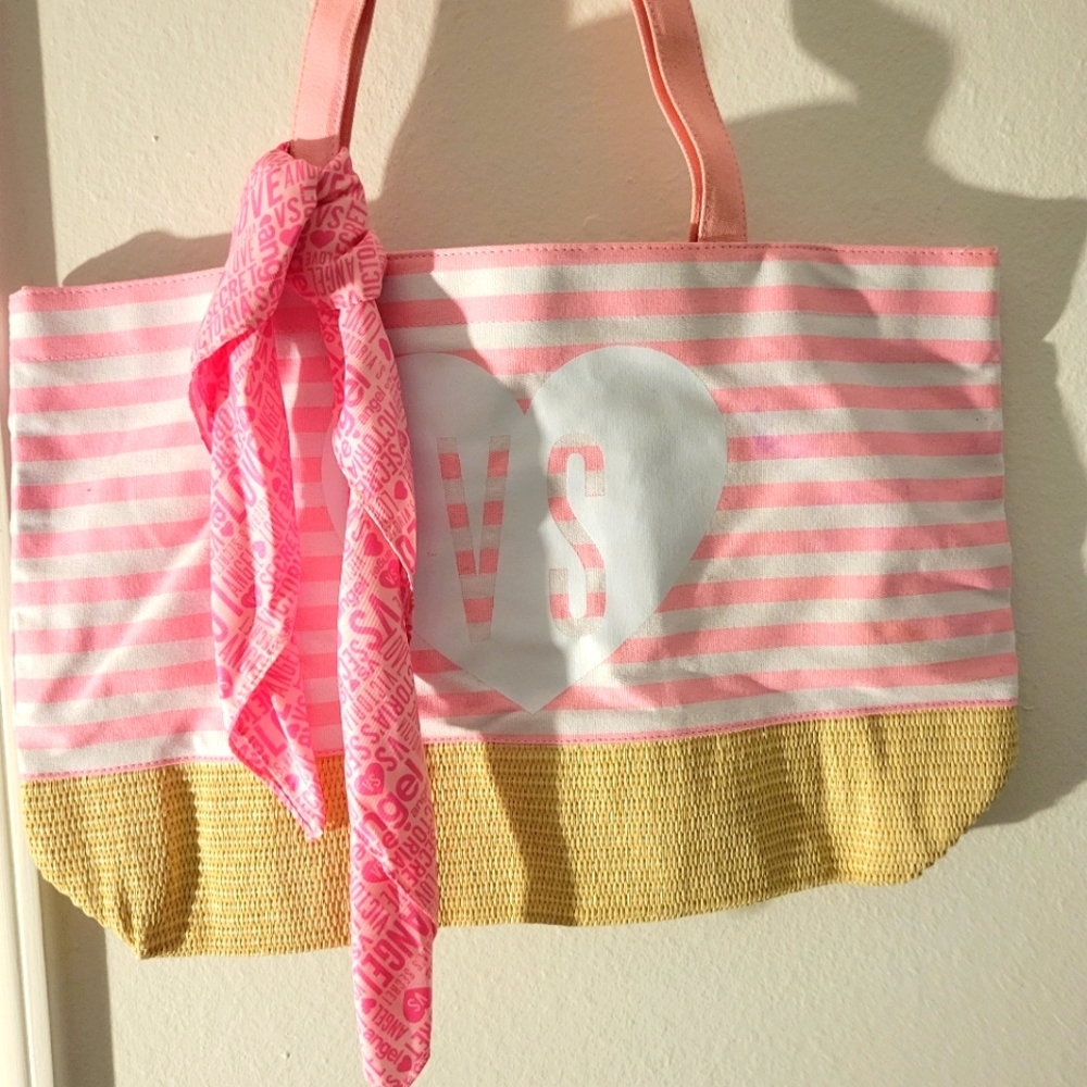 NWOT Victoria secret pink and white tote with scarf